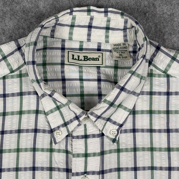 LL Bean Shirt Mens XL White Green Blue Striped Short Sleeve Seersucker USA Vtg - Picture 7 of 9